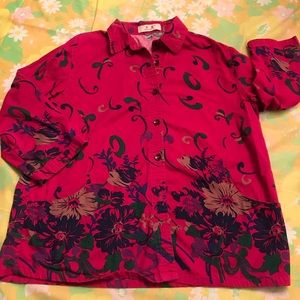 Menglu Cotton Vibrant Magenta Print Blouse size L, light denim material, pockets